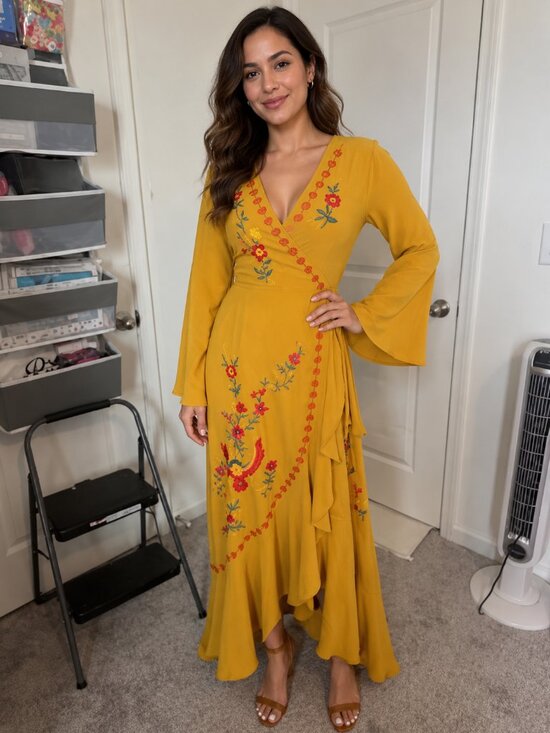 BNSQ Dresses & Skirts - Embroidered Mustard Wrap Maxi Dress - Women PTP 18 to 23 length 55 in front